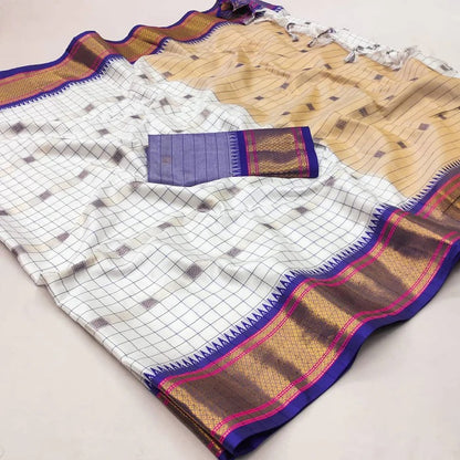 Exclusive White & Blue Chex Woven Cotton Silk Saree With Gold Zari Waving Work