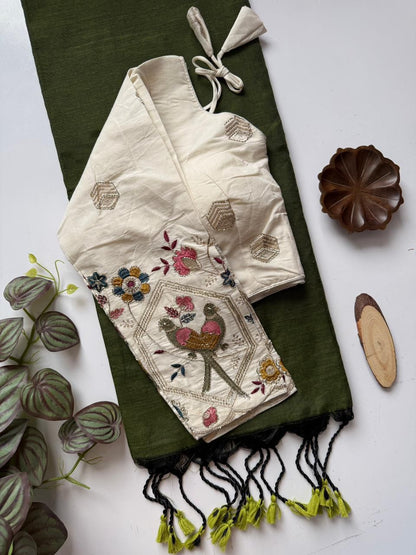 Dharma Exclusive - Dark Green Handloom Cotton Saree With Havy Embroidery Stitched Blouse
