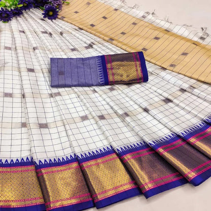 Exclusive White & Blue Chex Woven Cotton Silk Saree With Gold Zari Waving Work