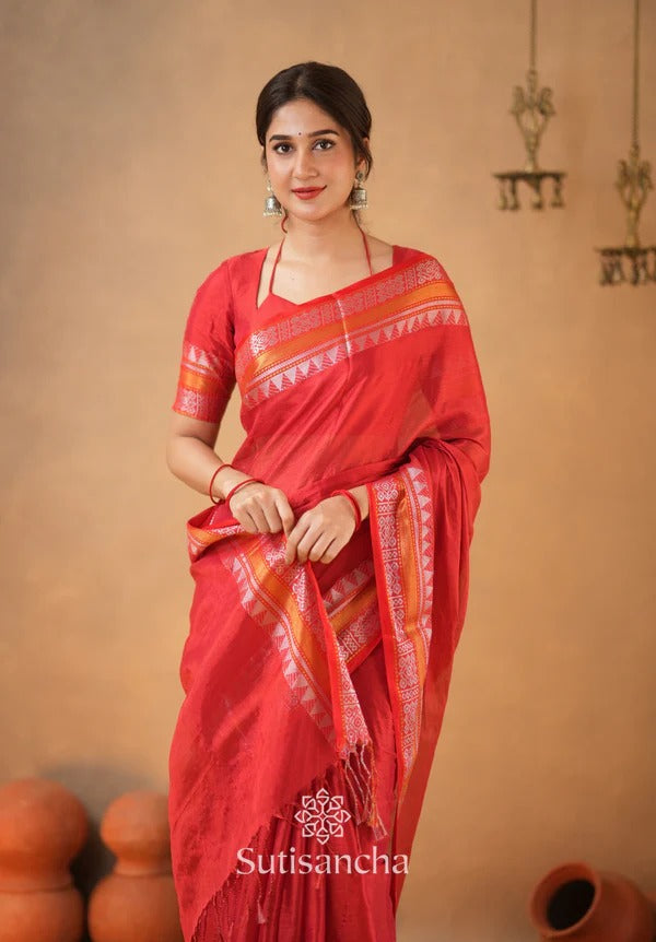 TRENDY - RED TEMPLE DESIGNE HANDLOOM TISSUE COTTON SAREE