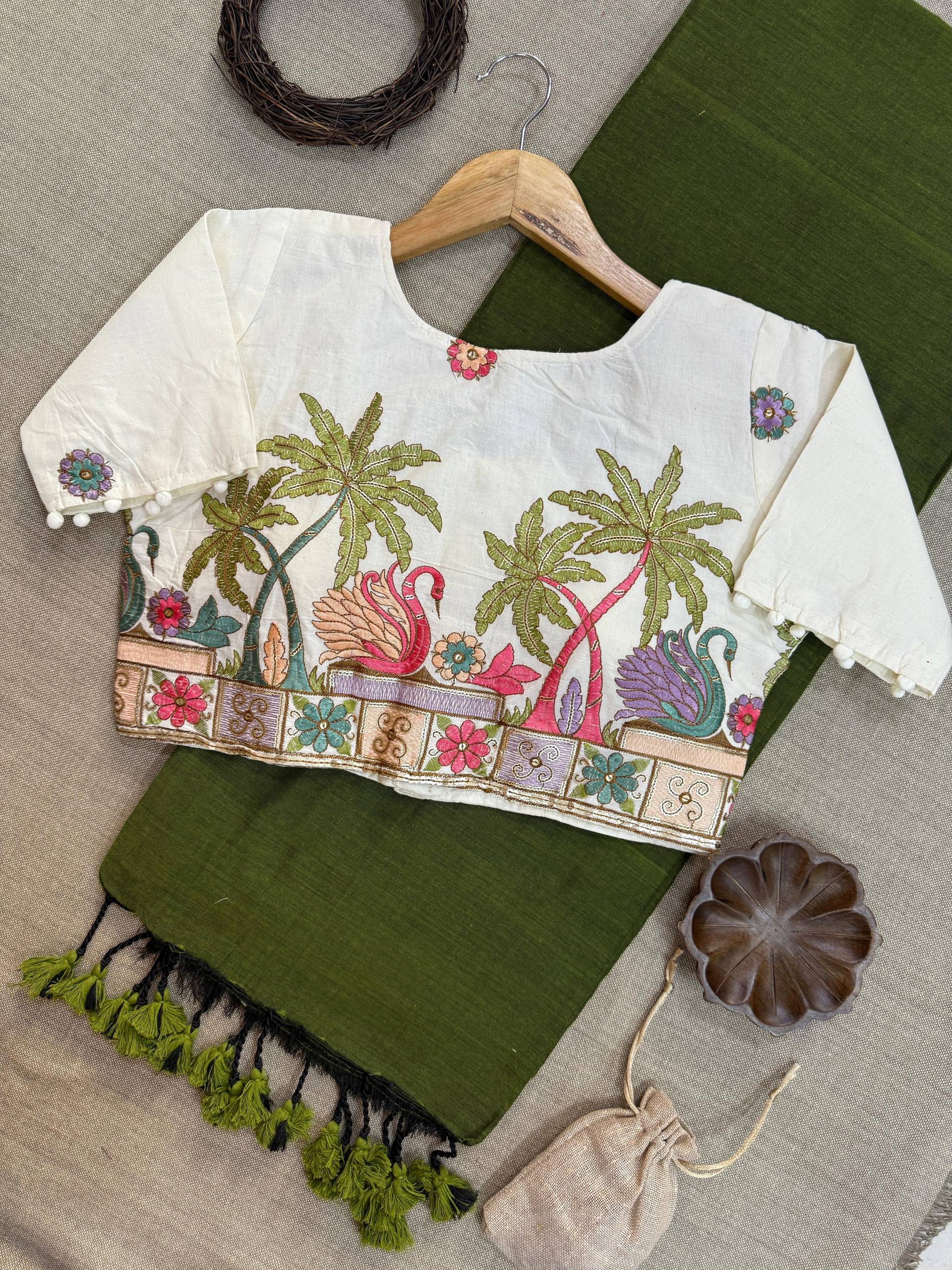 Green Pure Handloom Cotton Saree With Stitched Embroidery Blouse