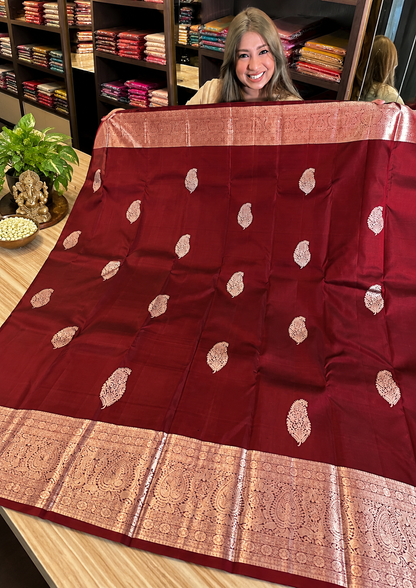 Premium Wine Soft Banarasi Silk Saree with Antique Gold Zari
