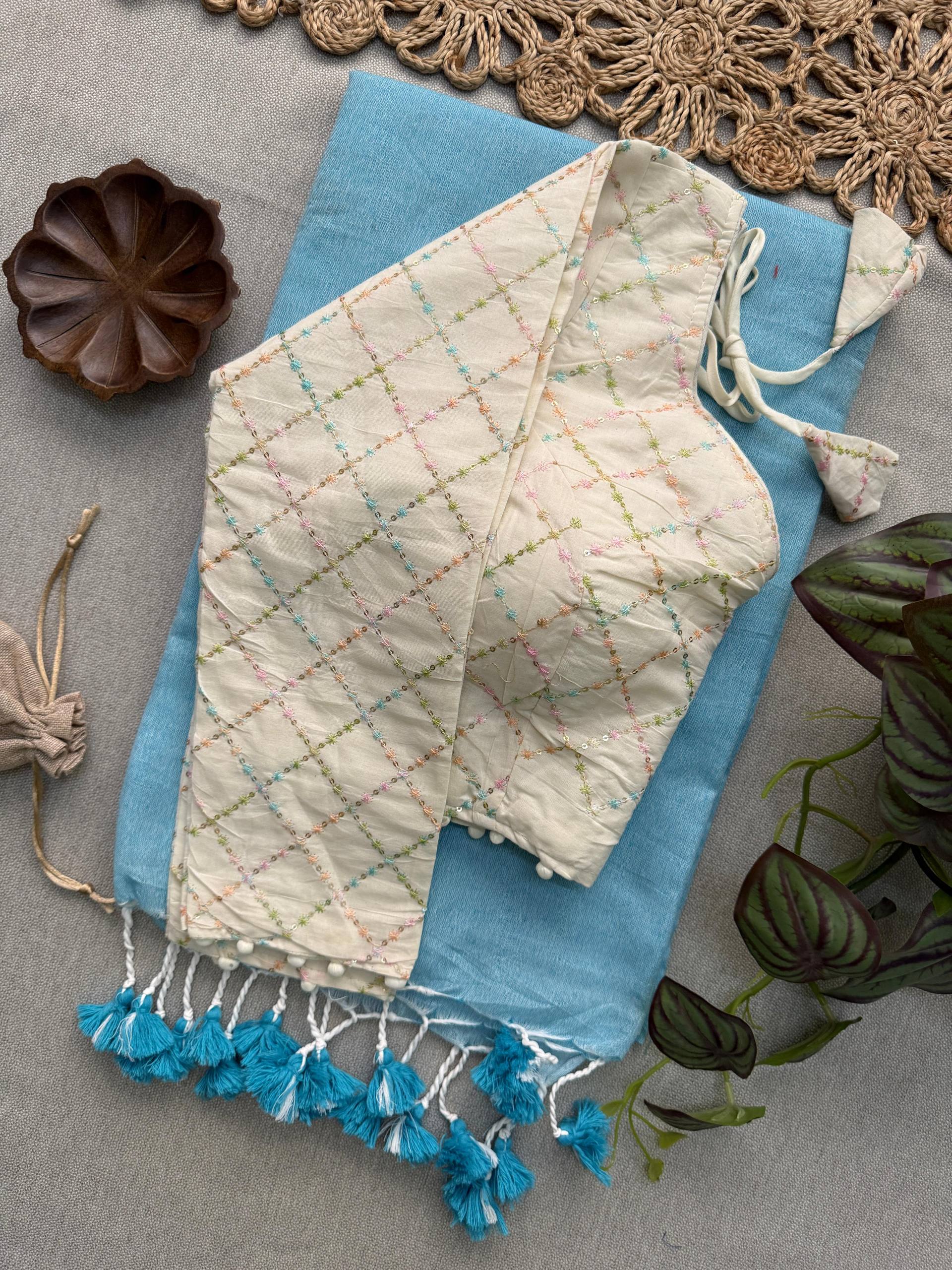 Trendy - Sky Handloom Cotton Saree With Havy Embroidery Work Stitched Blouse