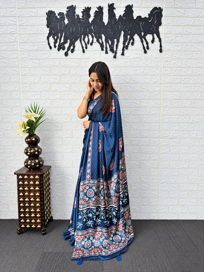 Very Attractive Royal Blue Ajrakh Printed Japan Silk Saree