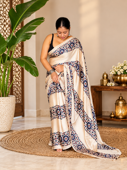 Incredible Cream Handblock Print Modal Silk Saree