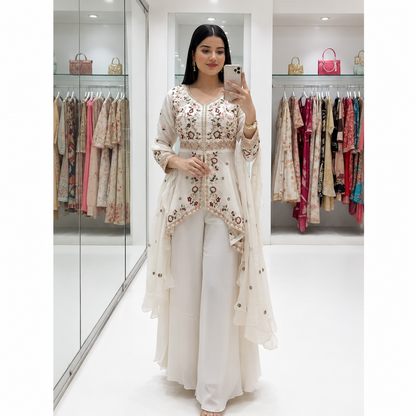 New Designer White Rangoli Silk Embroidered Suit Set