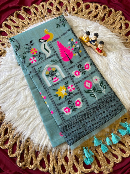 Attractive Blue Soft Jamdani Cotton Saree with 3D Woven Peacock Pallu