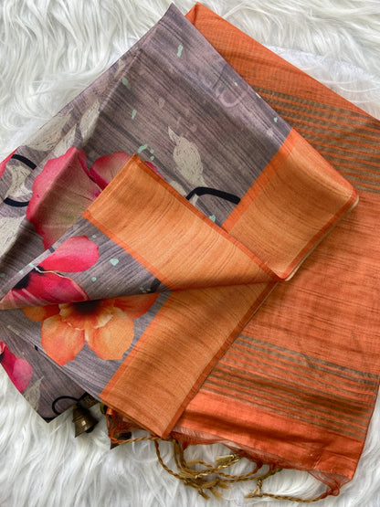 Chhaya Slate-Orange Floral Print Soft Tussar Silk Saree