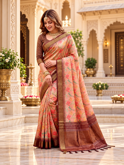 Elegant Blush Peach Floral Printed Soft Tissue Silk Saree