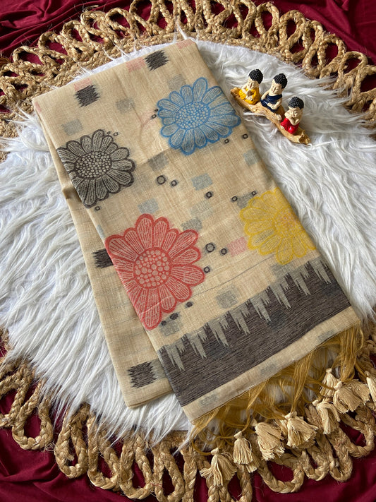 Elegant Natural Beige Floral Woven Soft Muga Cotton Saree