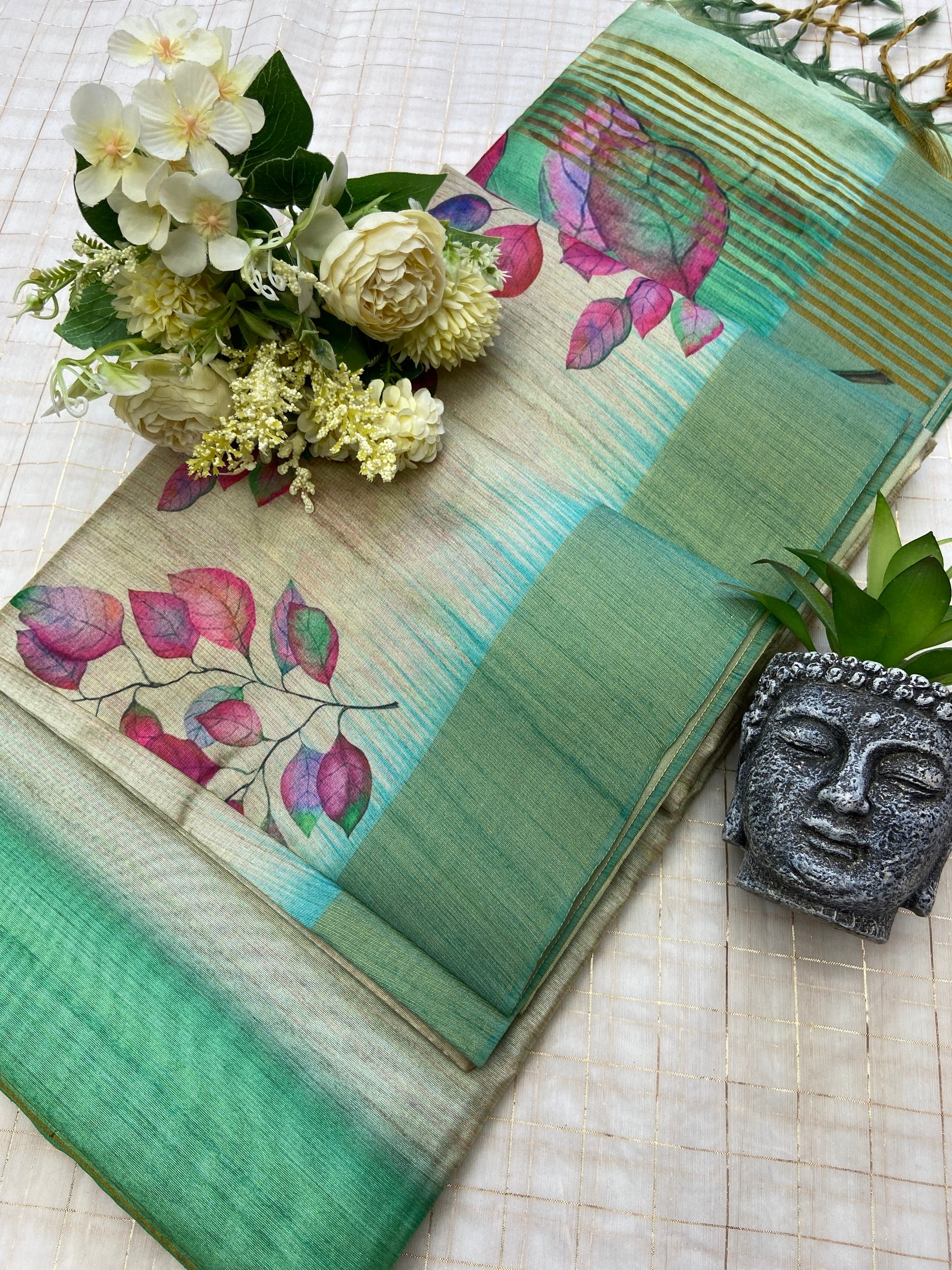 Elegant Pastel Mint Floral Soft Tussar Silk Saree