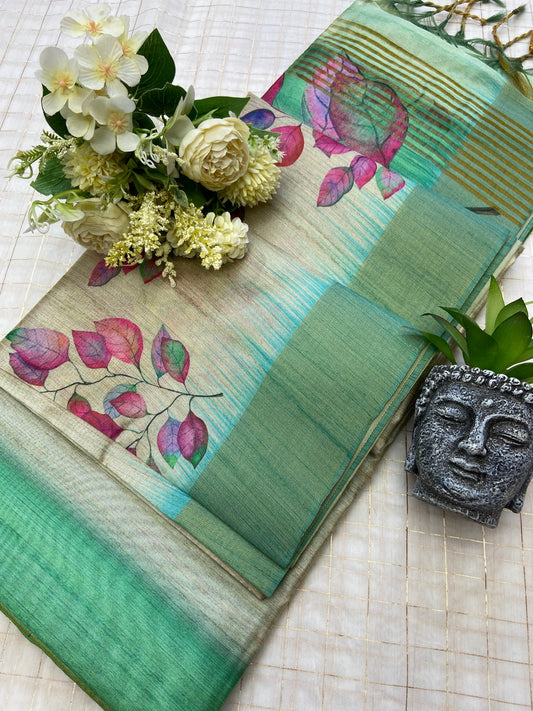 Elegant Pastel Mint Floral Soft Tussar Silk Saree