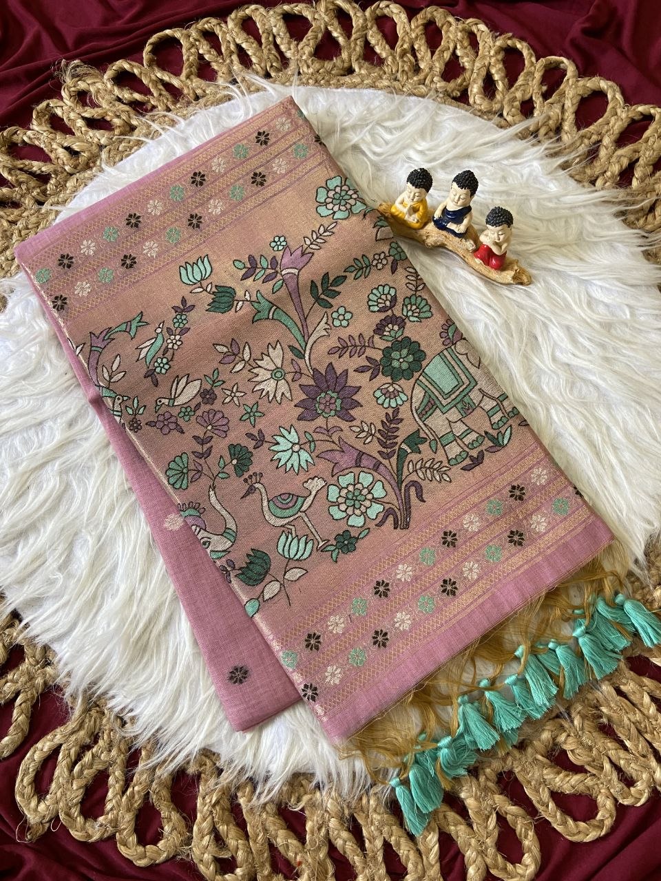 Dharma - Pink Soft Muga Cotton Paithani Saree with 3D Woven Elephant Pallu