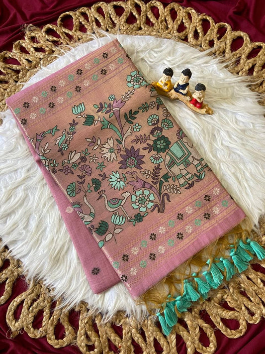 Dharma - Pink Soft Muga Cotton Paithani Saree with 3D Woven Elephant Pallu