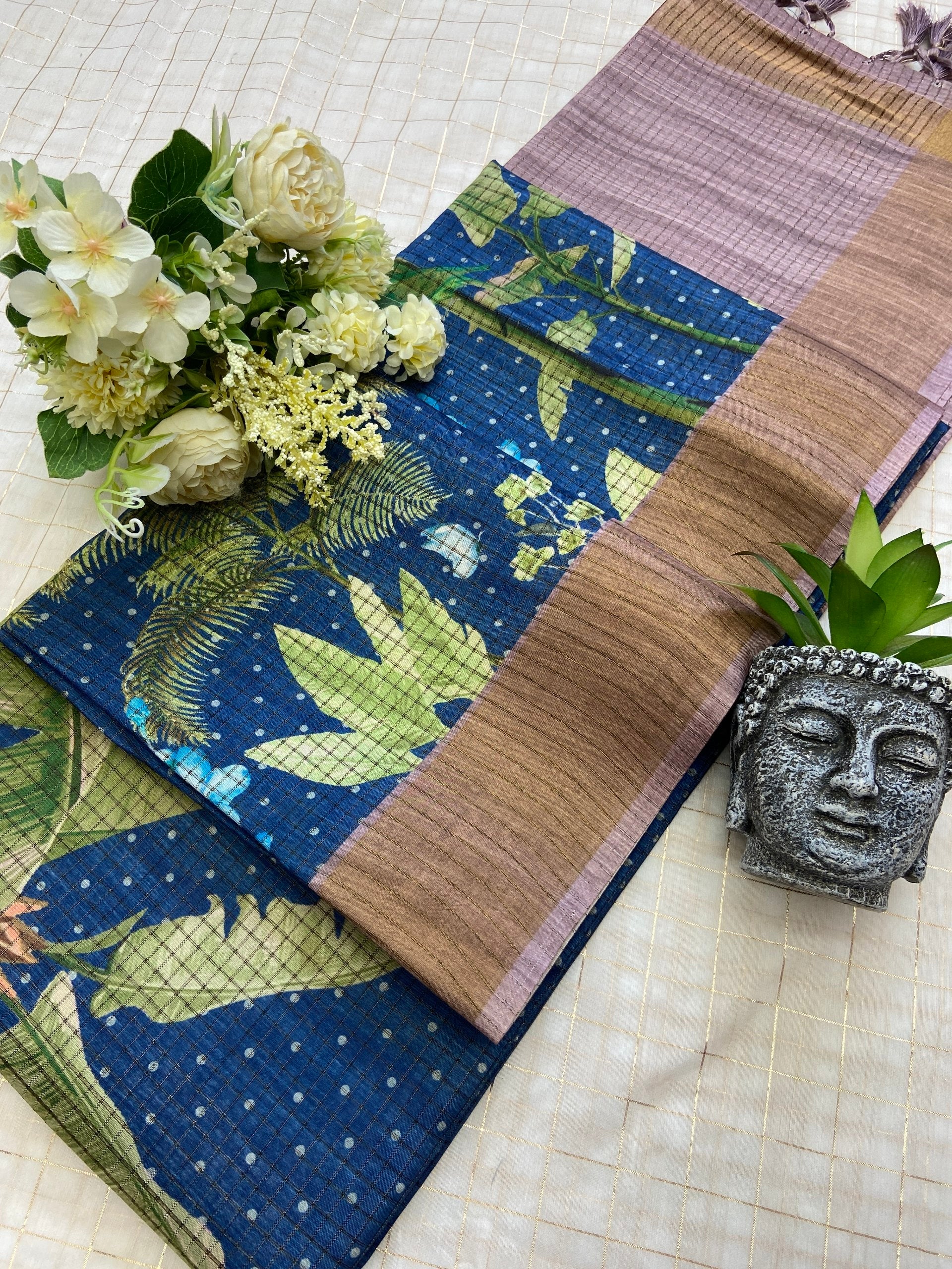 Avelina Royal Blue Botanical Print Tussar Silk Saree