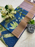 Avelina Royal Blue Botanical Print Tussar Silk Saree