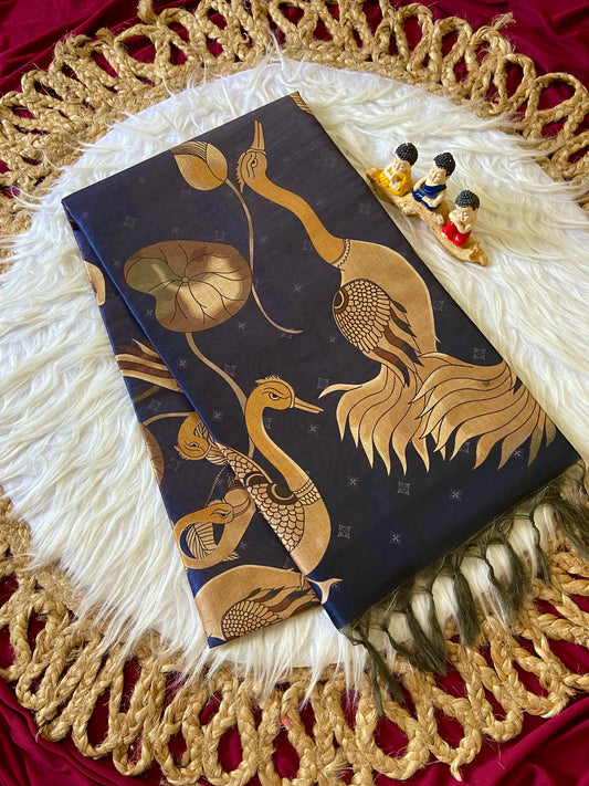 Classic Black Soft Tussar Silk Saree with Crane and Lotus Print
