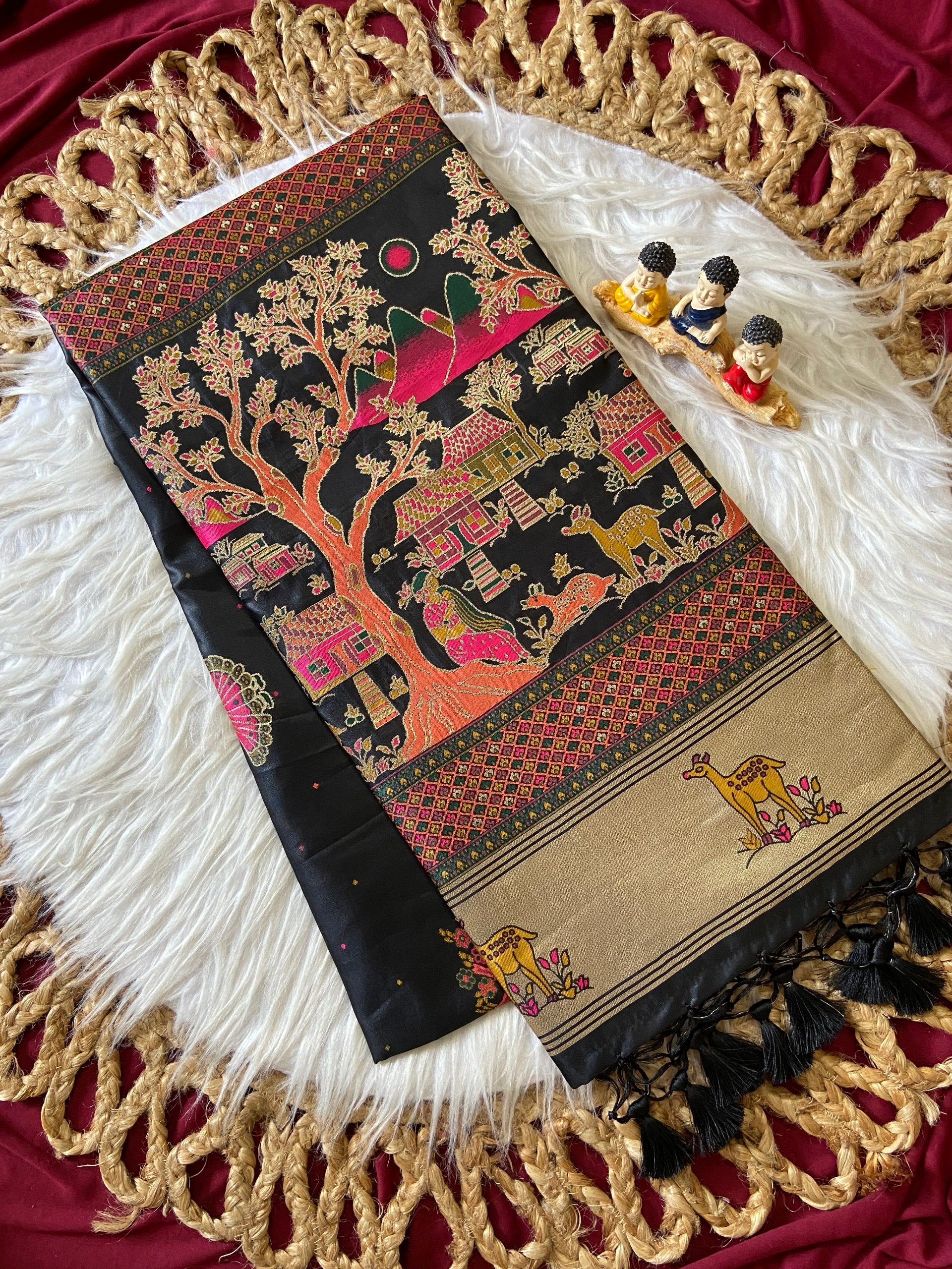 Beautiful Jet Black Premium Woven Zari Soft Pashmina Silk Saree