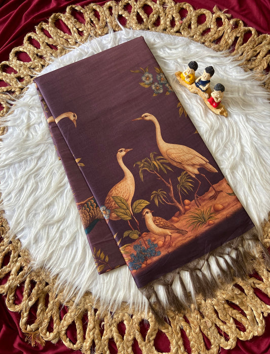 Festive Dark Wine Crane Print Soft Tussar Silk Saree