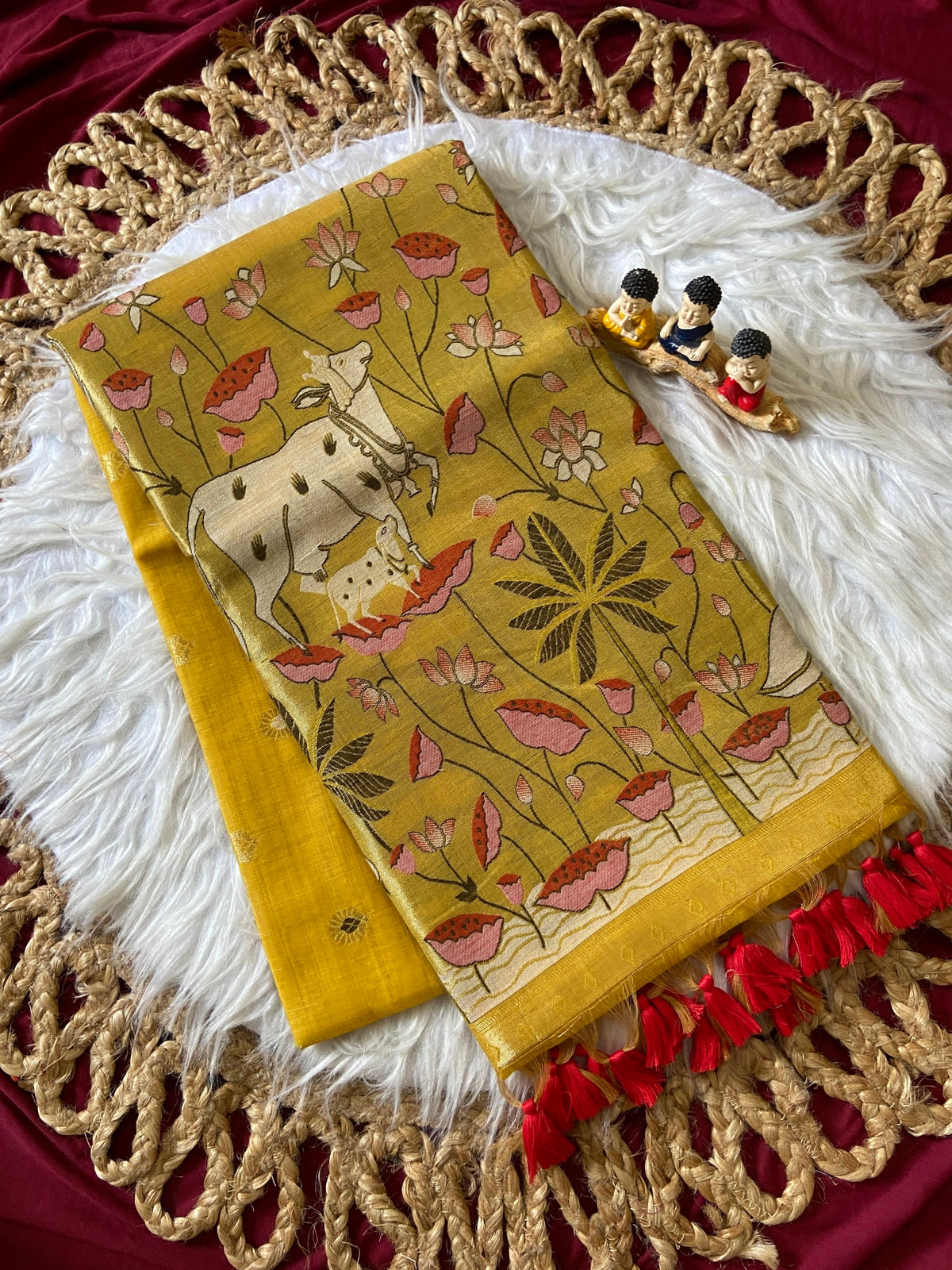 Kashvi Mustard Yellow 3D Woven Soft Muga Cotton Paithani Saree