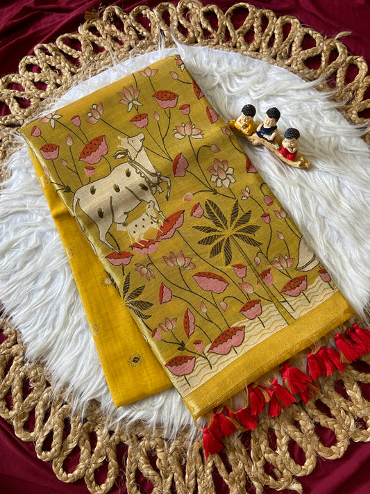 Kashvi Mustard Yellow 3D Woven Soft Muga Cotton Paithani Saree