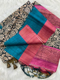 Royal Teal Soft Tussar Silk Saree with Kalamkari Block Prints