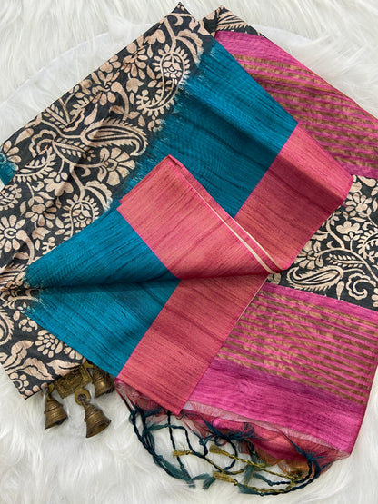 Royal Teal Soft Tussar Silk Saree with Kalamkari Block Prints