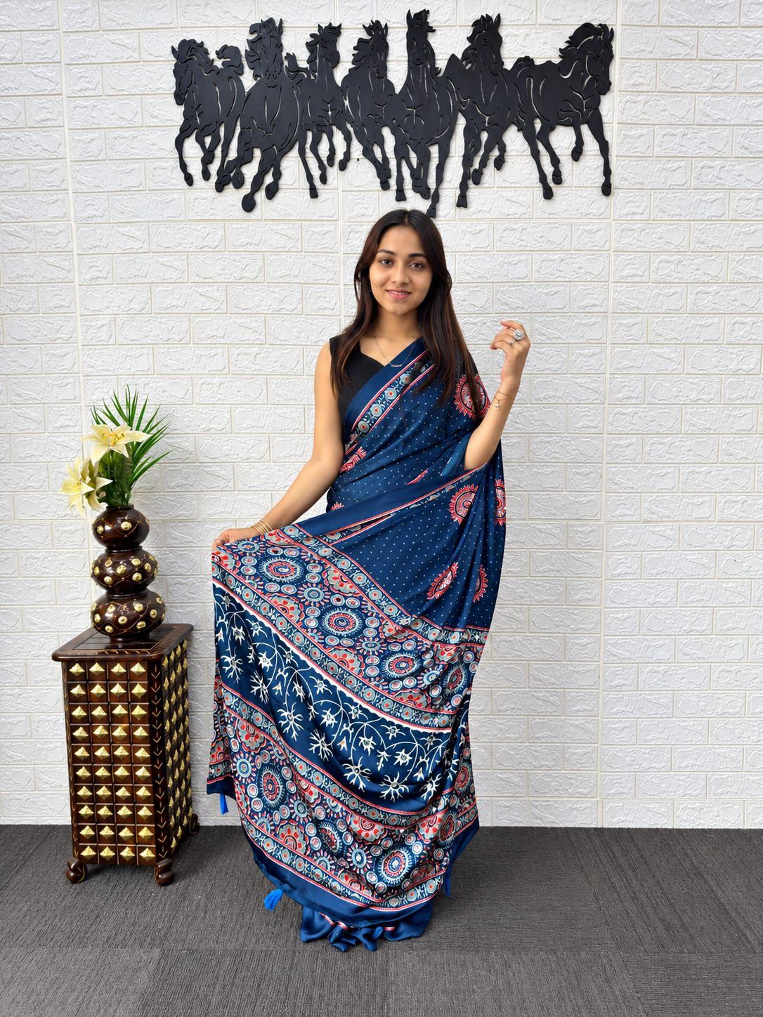 Very Attractive Royal Blue Ajrakh Printed Japan Silk Saree