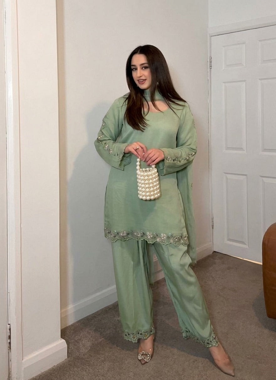 Attractive Mint Green Faux Georgette Embroidered Suit Set with Dupatta