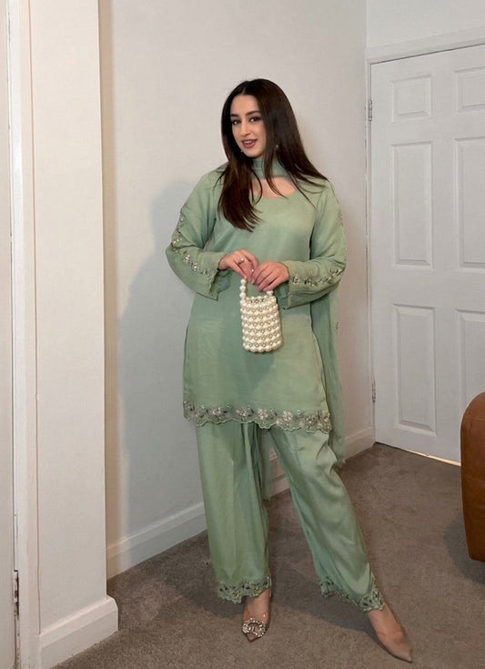 Attractive Mint Green Faux Georgette Embroidered Suit Set with Dupatta