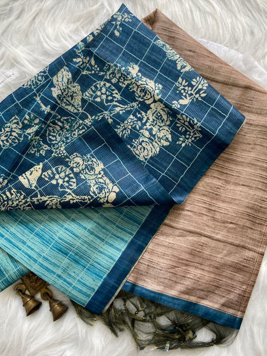 Aaira - Ocean Blue Digital Printed Soft Tussar Silk Saree
