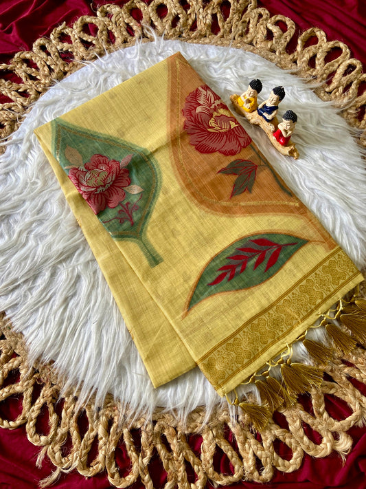 Aarvi Golden Bloom Muga Cotton Weaving Saree