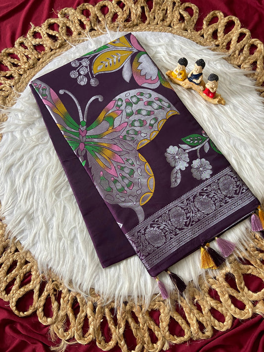 Aadhira Imperial Wine Soft Silk Butterfly Motif Saree With Zari Border