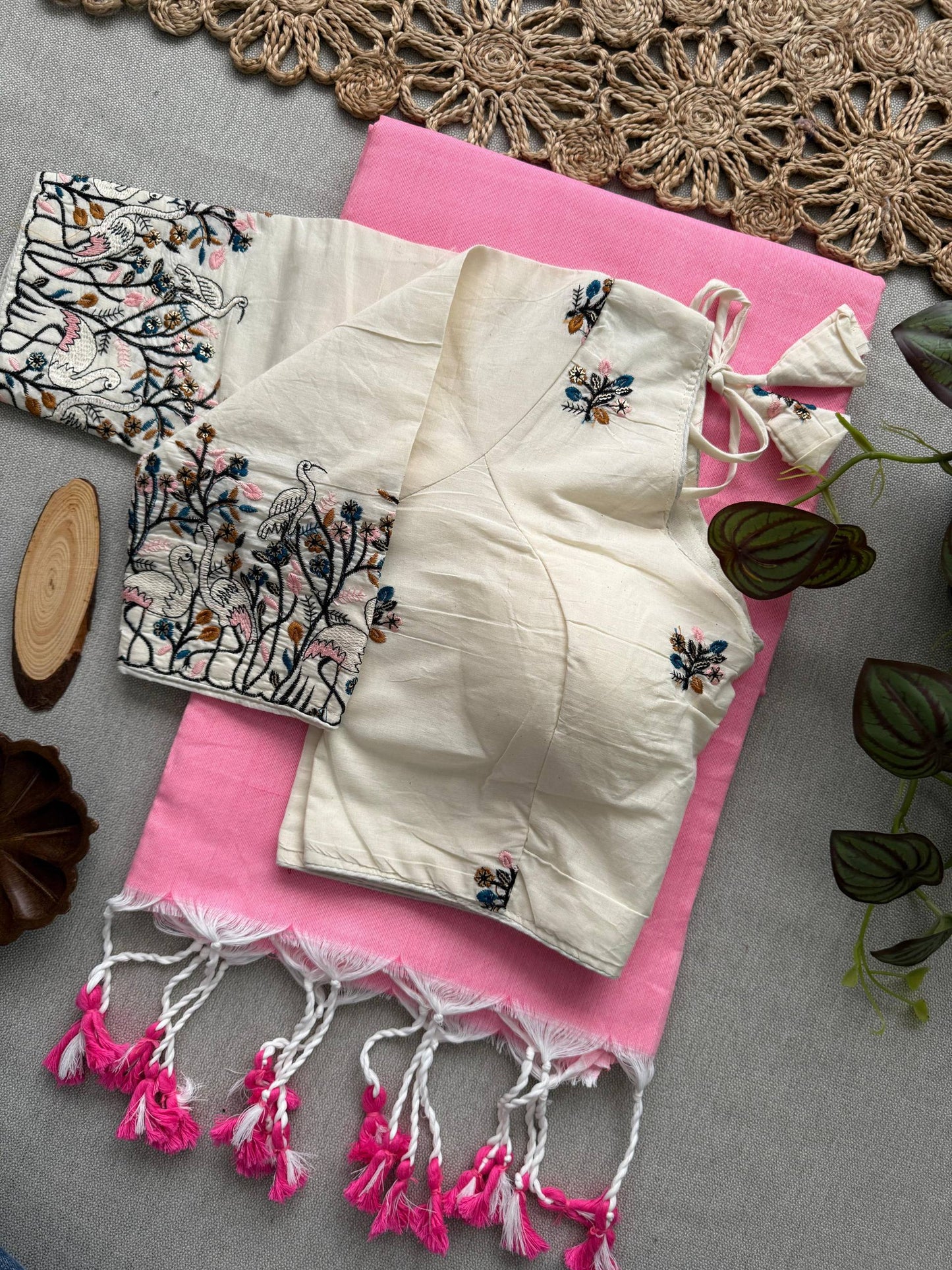 Attractive - Pink Handloom Cotton Saree With Havy Embroidery Work Stitched Blouse