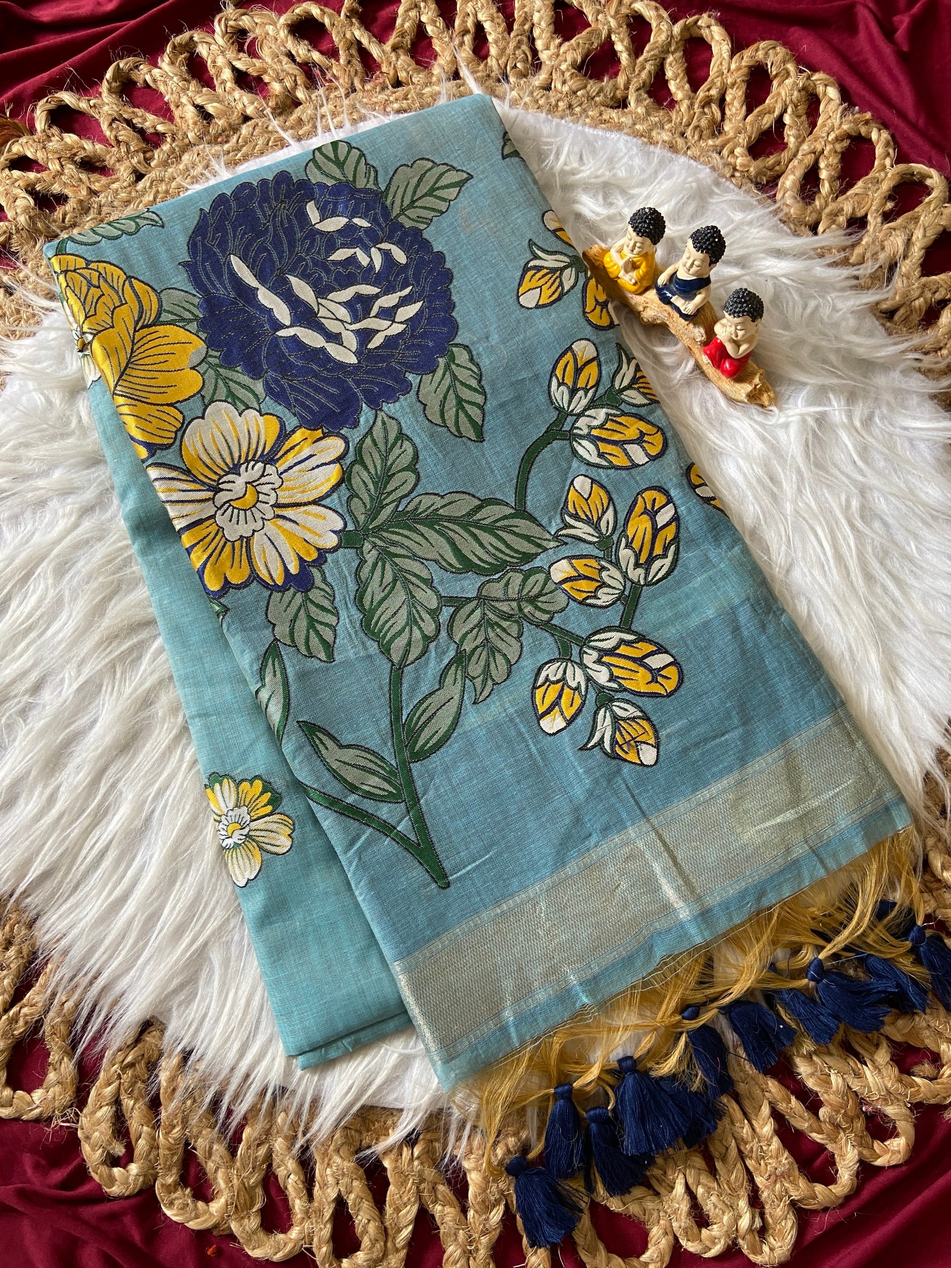 Trendy Slate Blue Soft Muga Cotton Resham Weaving Saree