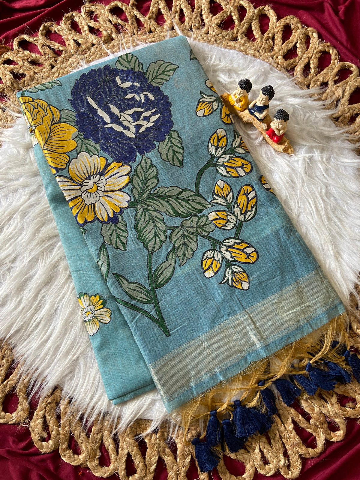 Trendy Slate Blue Soft Muga Cotton Resham Weaving Saree