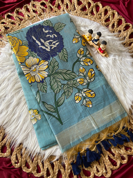 Trendy Slate Blue Soft Muga Cotton Resham Weaving Saree