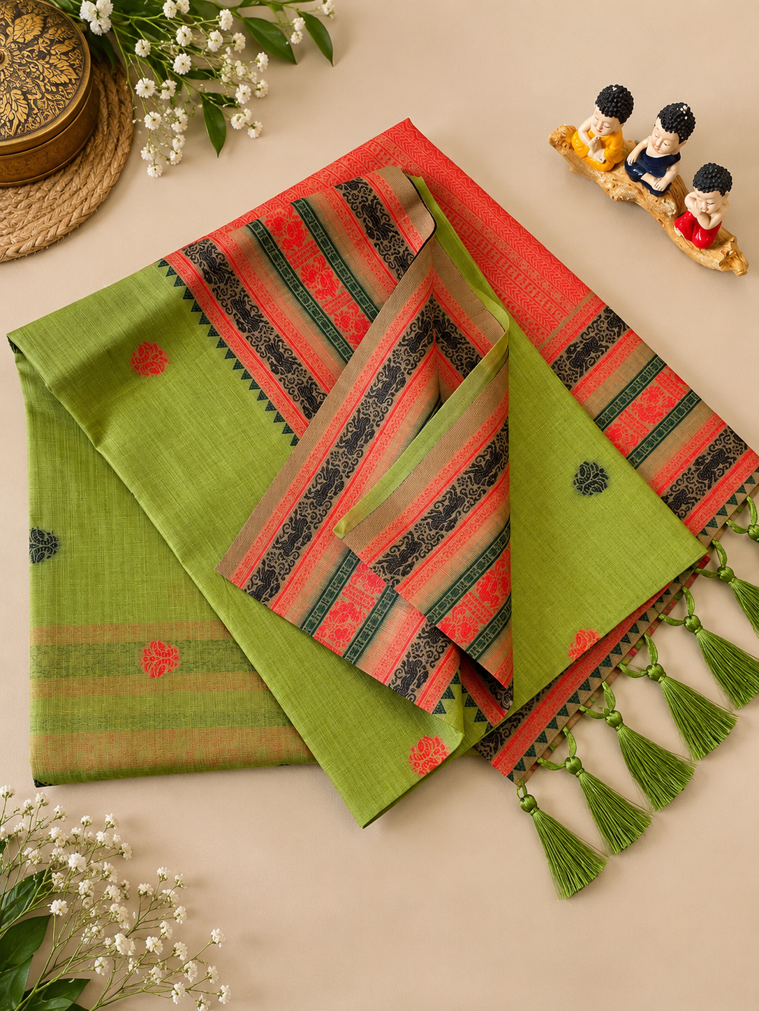 Premium Olive Green Soft Muga Cotton Saree with Traditional Border and Tassels
