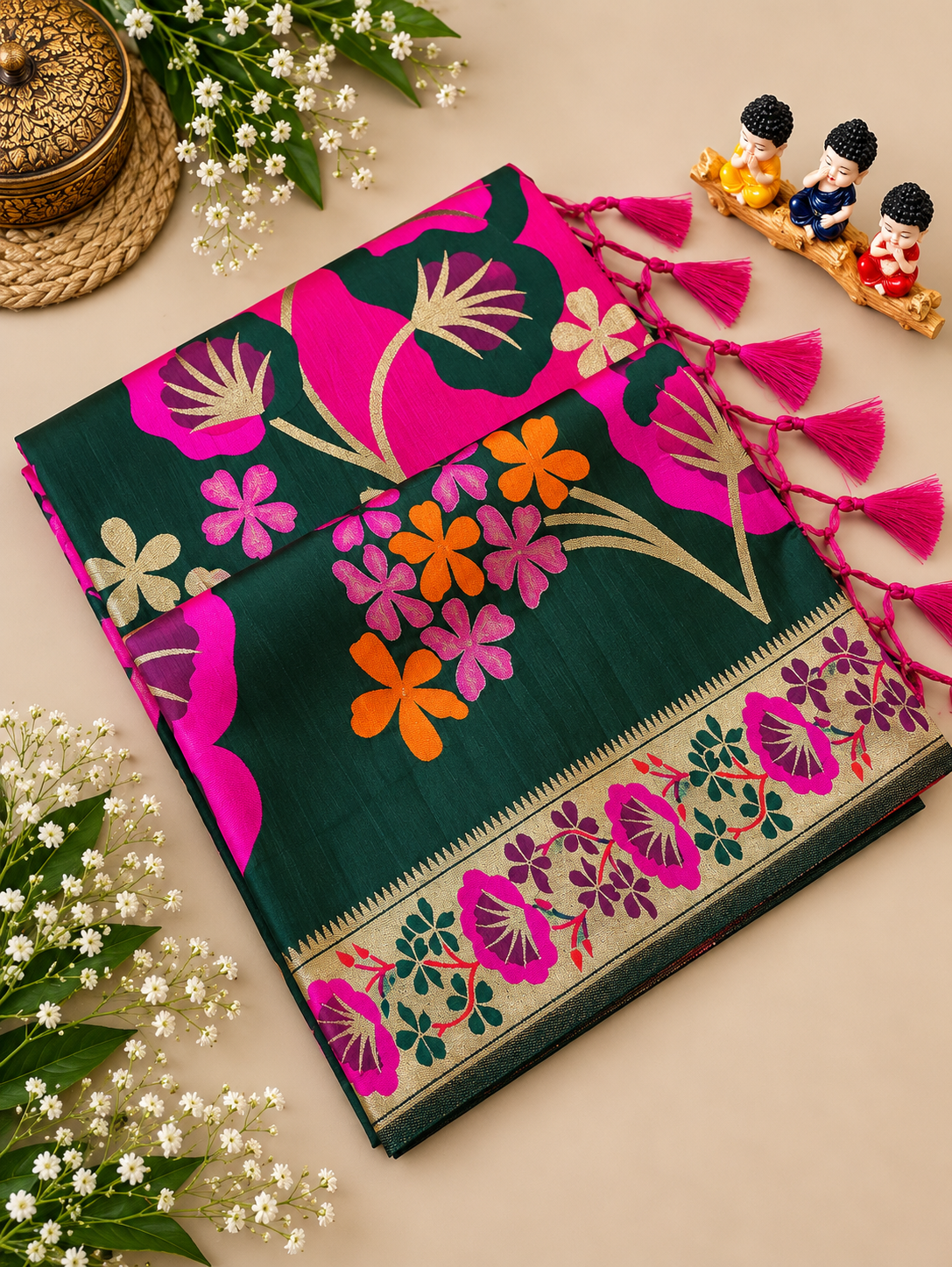 Elegant Bottle Green Soft Silk Saree with Zari Weaving and Tassels