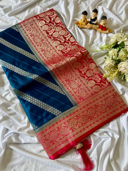 Aavisha - Peacock Blue & Red Pure Banarasi Silk Saree with Rich Gold Zari Weaving