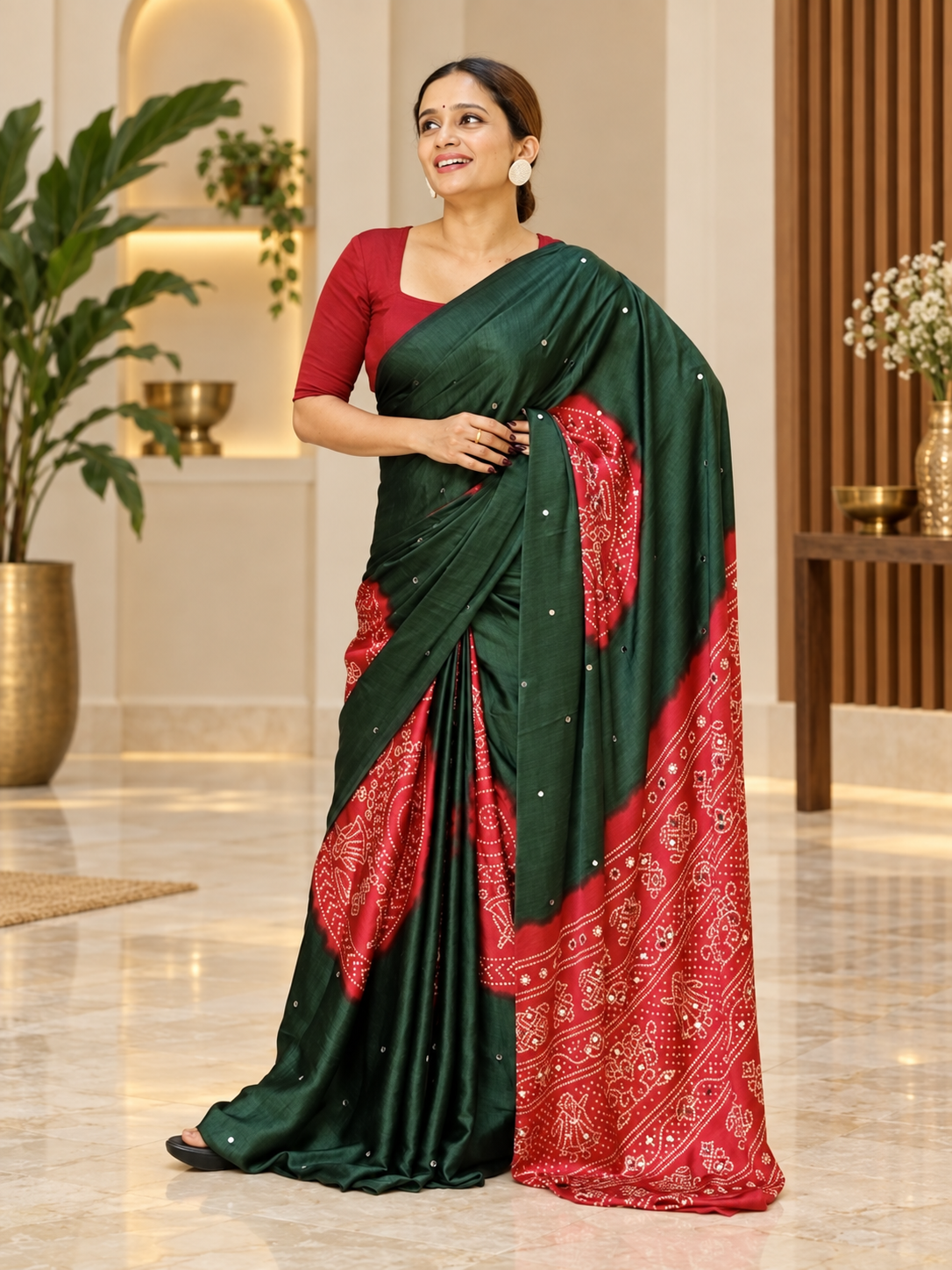Beautiful Green & Red Pure Gajji Silk Saree with Real Mirror Work