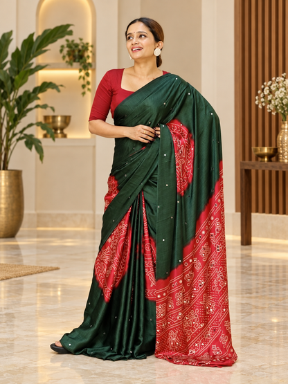 Beautiful Green & Red Pure Gajji Silk Saree with Real Mirror Work