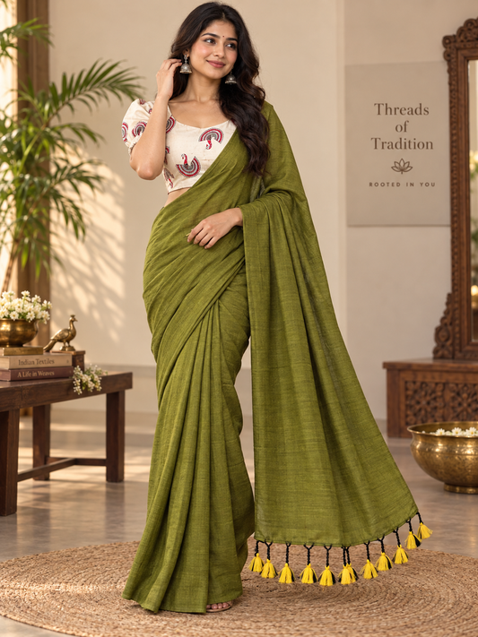 Artisanal Green Handloom Saree with Stiched Blouse