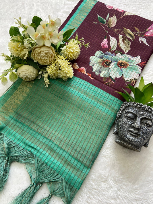 Kavyanjali Wine-Mint Floral Print Soft Tussar Silk Saree