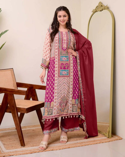 Premium Violet Patchwork Printed Chinon Suit Set with Fancy Mirror Work