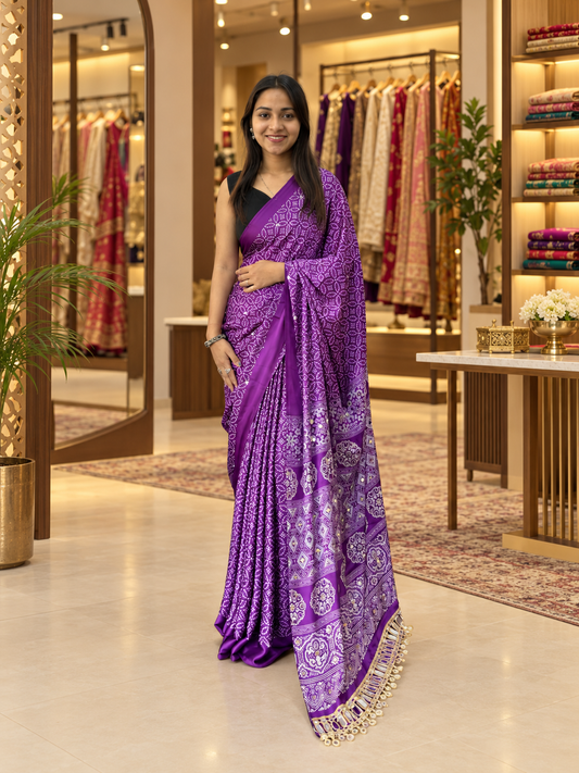 Imperial Purple Premium Gajji Silk Saree with Exquisite Mirror Work & Tassels