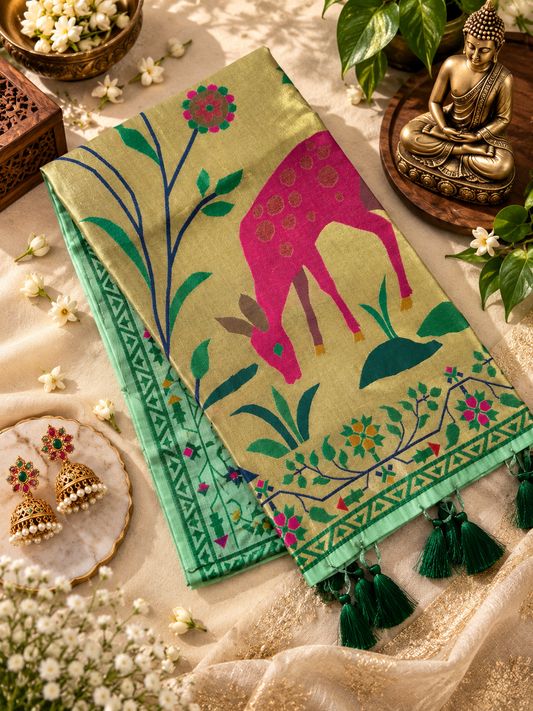 New Designer Muga Cotton Paithani Saree with Woven Deer Motif