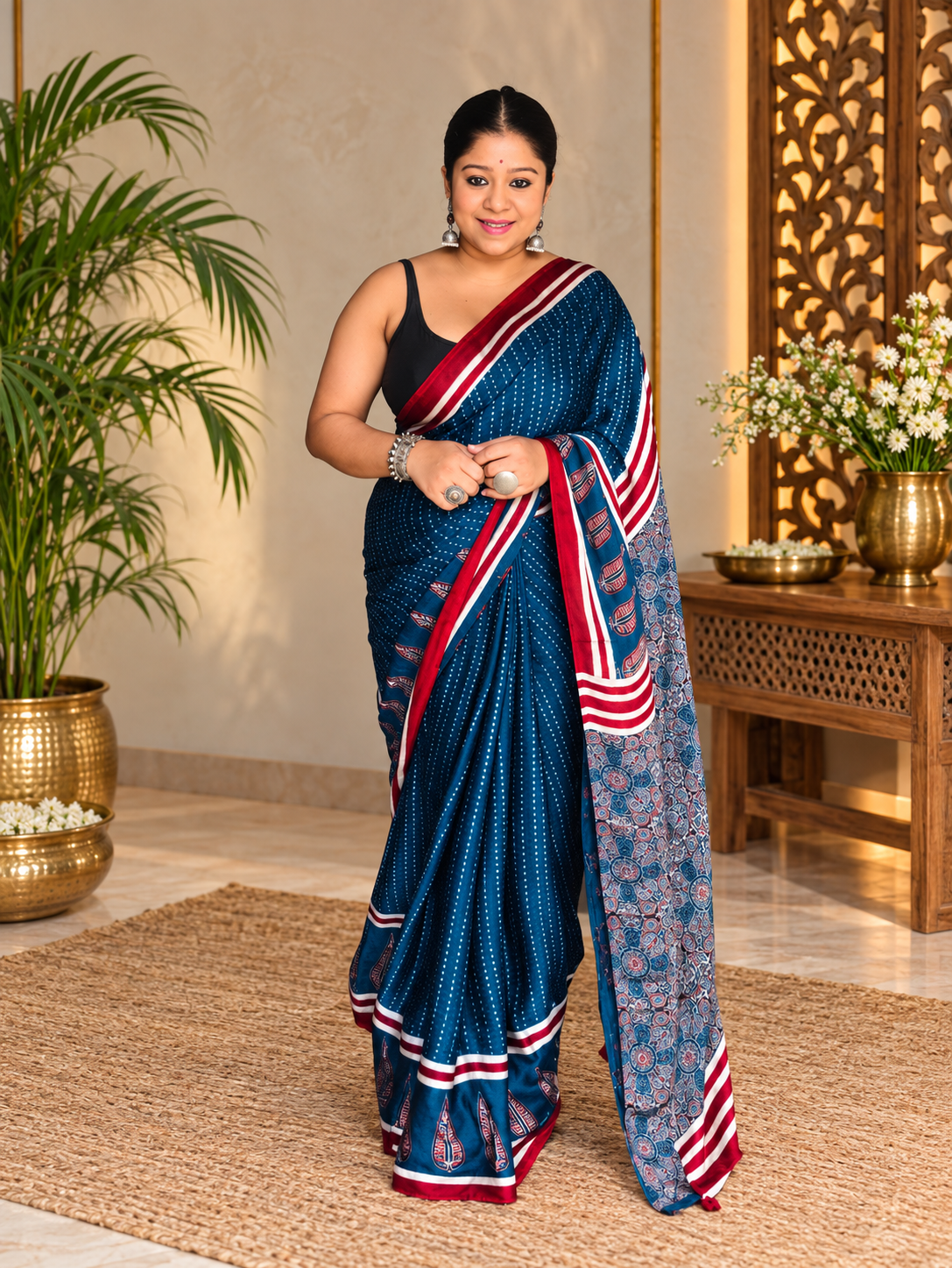Classy Indigo Blue Hand Block Printed Modal Silk Saree
