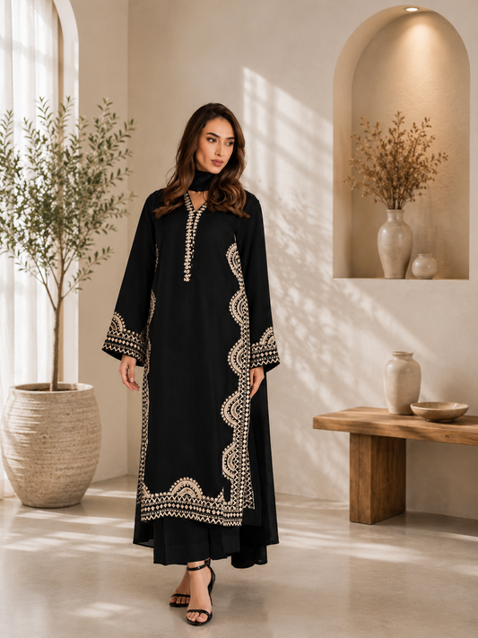 Elegant Midnight Black Biscuit Slub Threadwork Kurta Set With Dupatta