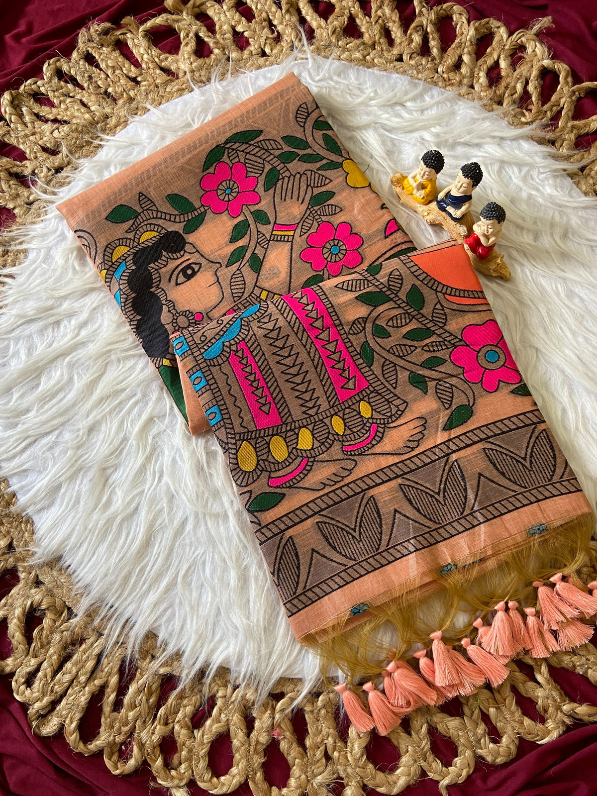Traditional Madhubani Peach Coral Soft Muga Cotton Resham Weaving Saree